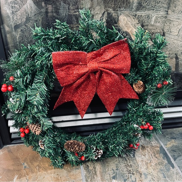New Christmas Wreath for Door with Pine Cones Berry Spruce Red Ribbon Bow 50cm - Picture 7 of 10